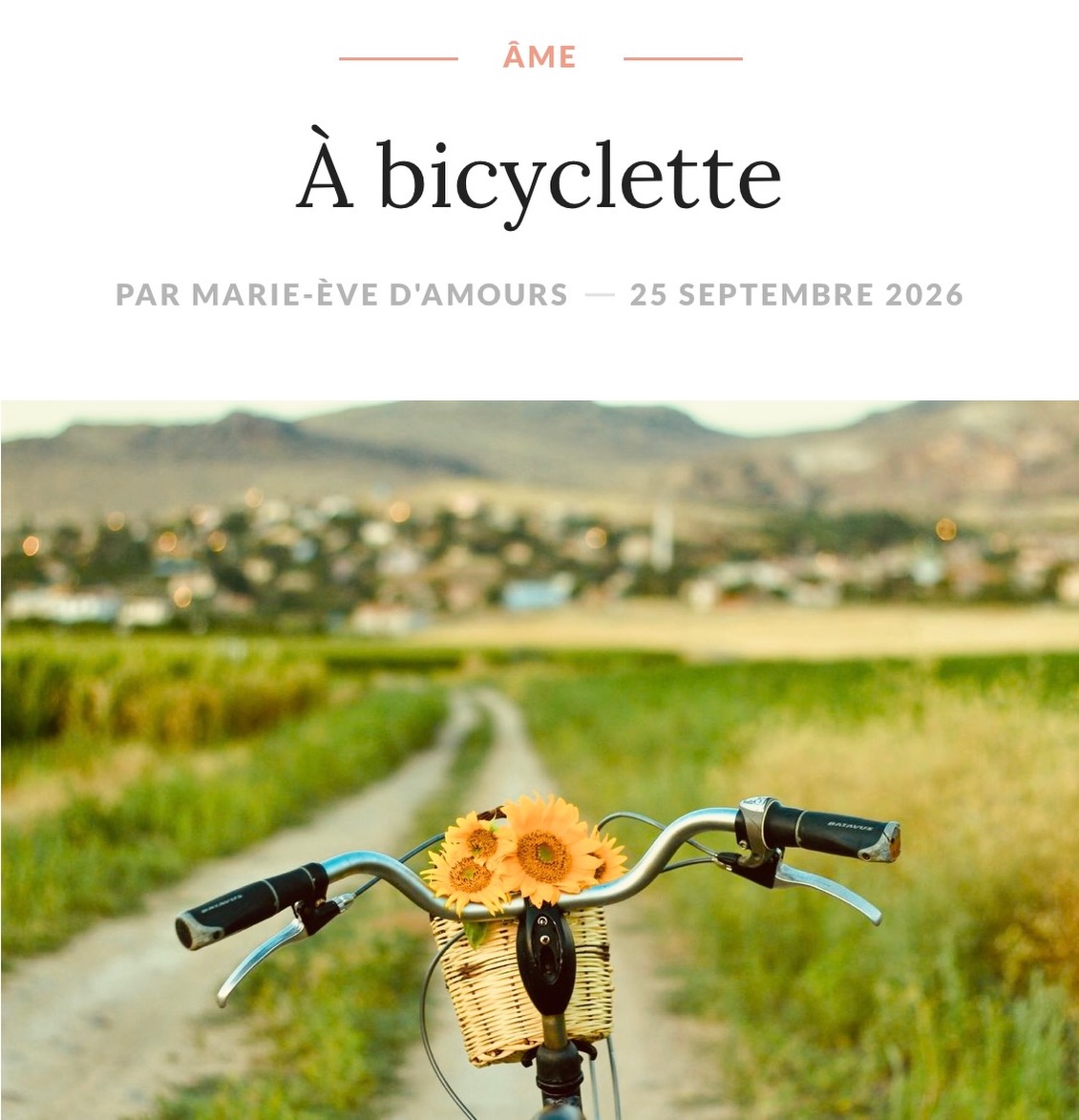 •MoiME.ca 

« La pédale au fond, je réalise que j’ai glissé sur l’accotement avec le défi majeur de rouler sur la garnotte.  Sur le pilote automatique, en mode robot (tendance de l’heure). Le regard juste en avant, ma tête domine et entre dans la performance : réussir mes objectifs. Quessé ça se mettre de la pression de même… Non, ce n’est pas moi ça! »