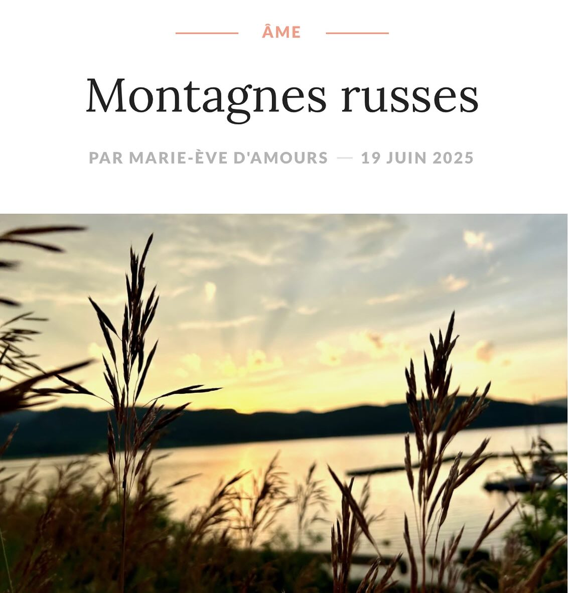 • MoiME.ca 

« …En lisant ces mots, tu te dis peut-être « Finalement, ma vie n’est pas si pire? », l’humain est fait de même…on se compare. J’ai juste envie de vous dire de profiter de la vie. Maintenant. Ok? Et surtout, de laisser de côté, tous les p’tits criss de stress inutiles que l’on s’impose. Je vous l’écris pour me le rappeler... »